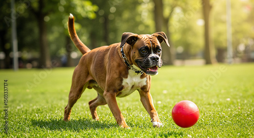 Boxer dog playing with a red ball in sunny park outdoors  