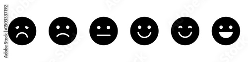 Feedback emoji icons vector. good and bad emoticon signs - Happy and Sad reaction. 6 black faces, Smiley rating icon set , happy, neutral, sad, emojis. Vector illustration