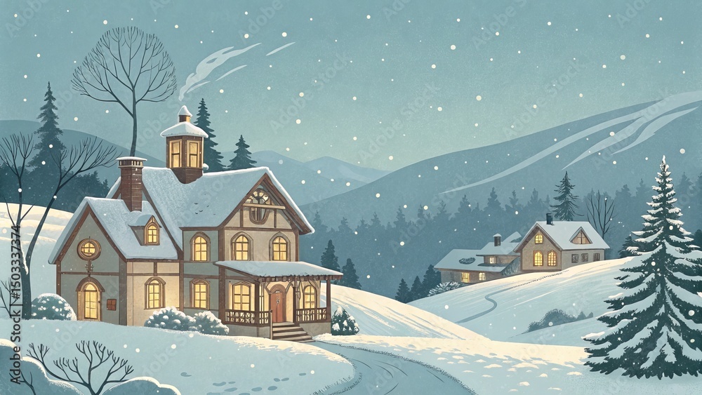 Fototapeta premium Snowy Cottage Winter Landscape Illustrated Houses, Snowfall, Mountains, Winter Scene, Christmas Card Winter, Holiday