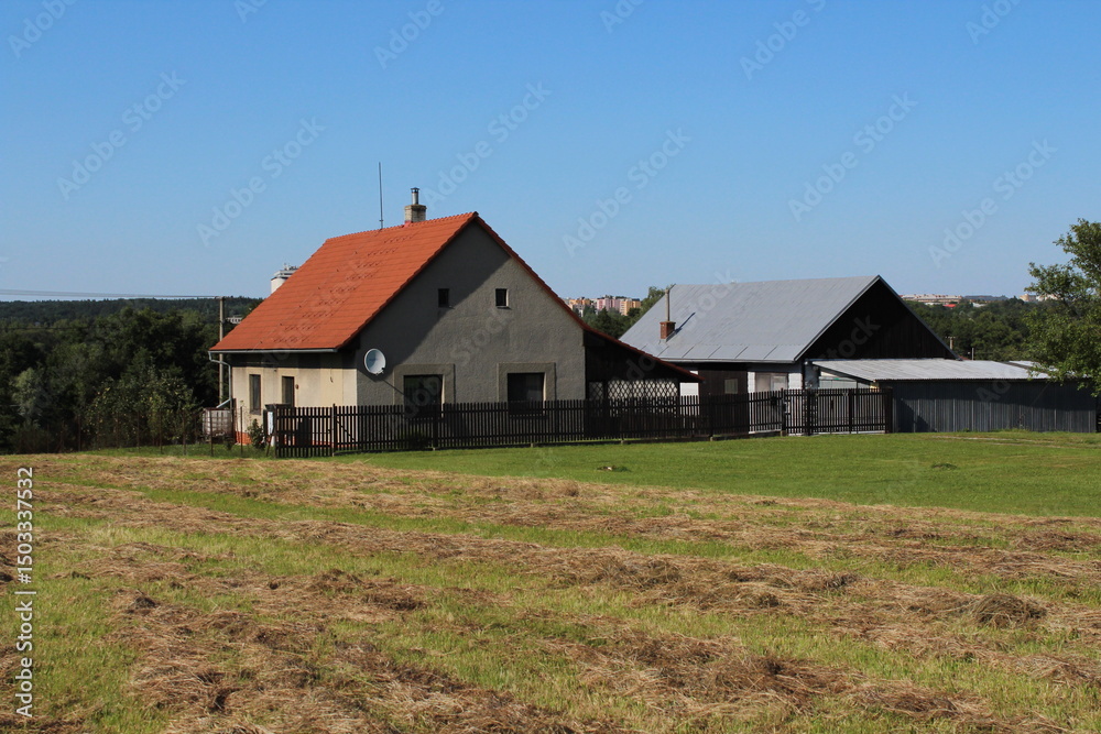 Obraz premium Old grey family house with red tilled roof