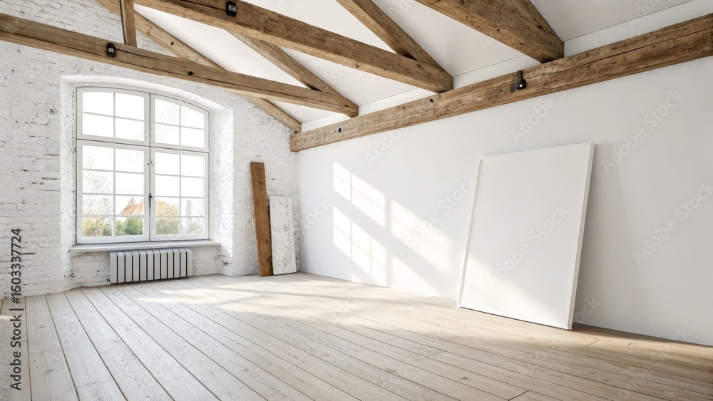 Obraz premium Sunlit Loft Interior with Whitewashed Brick and Wood Beams, Interior Design, Room Mockup Loft, Interior Design