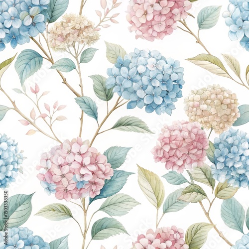 Watercolor Hydrangea Floral Seamless Pattern, botanical illustration, flower design Hydrangea, floral pattern