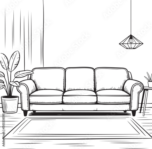 Black and white illustration of a cozy living room with a sofa, plants, and modern decor, ideal for interior design and home decor themes.