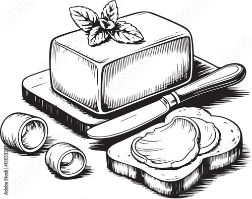 Black and white illustration of butter block with a knife and toast, ideal for food, breakfast, and culinary-themed designs.