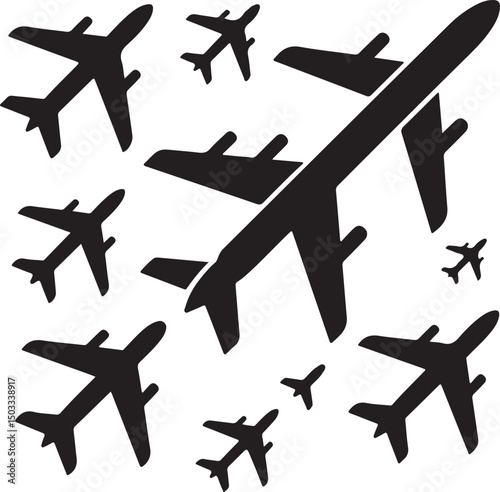 Set of black airplane silhouettes in various flying positions, perfect for aviation, travel, and transportation-themed designs, ideal for travel agencies, flight-related graphics, and air travel icons