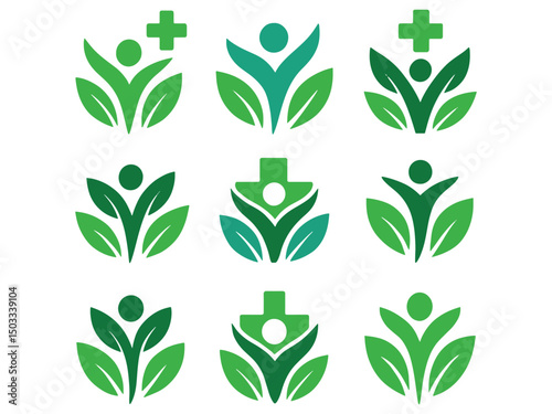 Vector Green Health And Wellness Logo Collection Eco Friendly Healthcare And Nature Symbols








