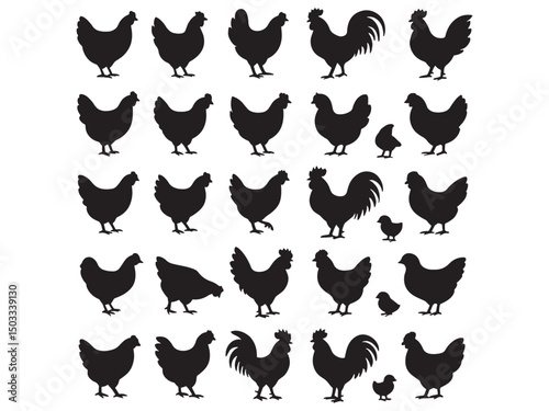 Chicken Silhouette Icon Set Poultry Farm And Livestock Animal Symbols







