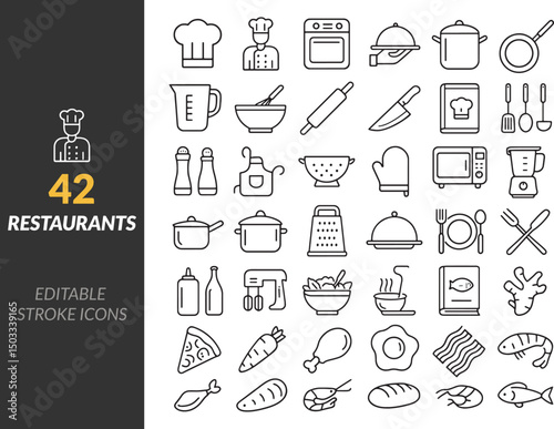 Vector Editable Stroke Restaurant And Cooking Icons Culinary Kitchen and Food Symbols

