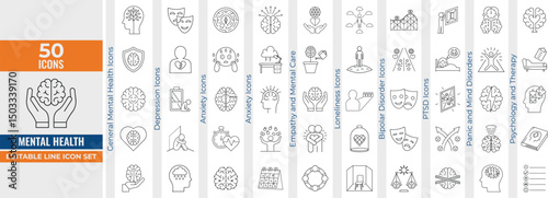 Mental Health Vector Icon Set – Depression, Anxiety, Stress, PTSD, Bipolar, Psychology Symbols & Emotional Wellness
