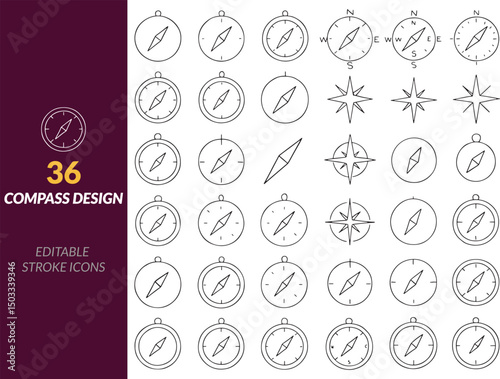 Vector Line Art Editable Stroke Compass Icons Navigation, Direction And Exploration Symbol Set








