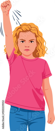 Girl with raised fist showing determination and strength in casual clothes vector illustration