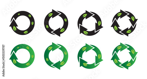 Green eco recycling icon set isolated on white background. Recycling green color with leaf. Circle arrow, reload, refresh, loading, recycle, reload and repeat icon set. Round arrow vector illustration