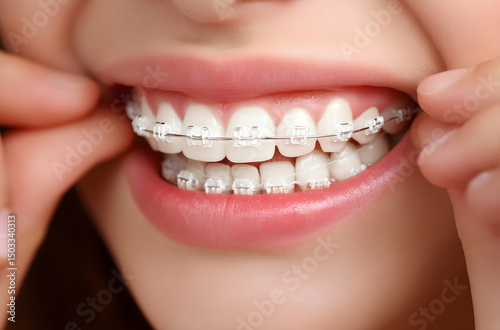 Smiling Person Showing Teeth with Dental Braces in Close-up