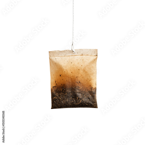 A close-up of a used tea bag with a string, depicting the simplicity and ritual of tea-drinking