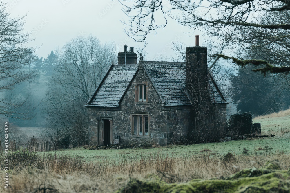 Obraz premium Old stone house in foggy countryside landscape