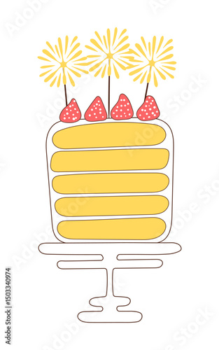 Birthday cake, sponge cake with strawberries, sparklers hand drawn illustration, isolated vector. Line drawing design. Birthday celebration, festival, carnival, party clip art, element