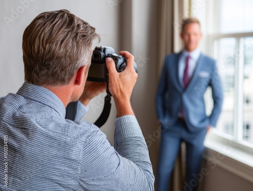 Photographer takes photo of a businessman in a suit, posing by the window during a photoshoot.