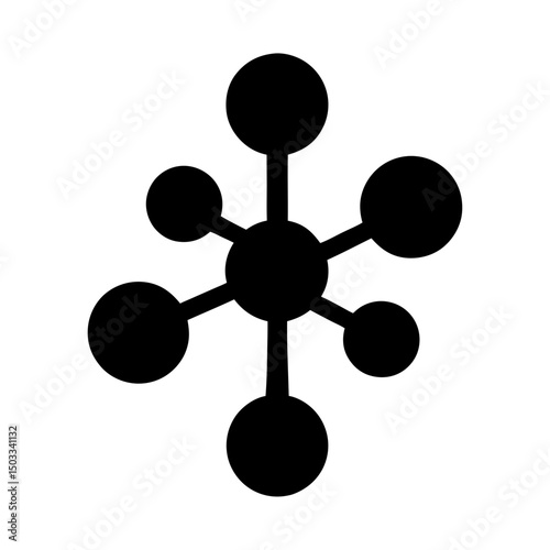 Black Icon of Central Node Connected to Six Outer Nodes, Simple black silhouette showing a central node linked to six surrounding nodes, symbolizing network, connectivity, and data.
