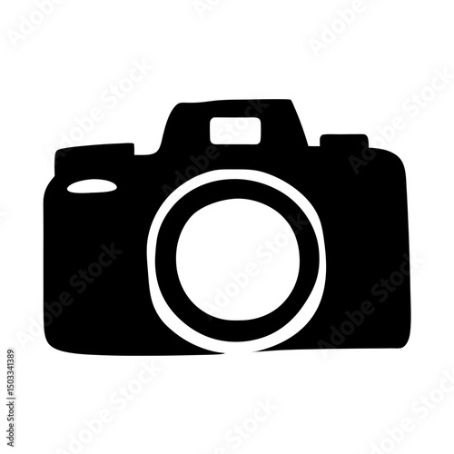 A simplistic black and white camera icon with rounded edges and detail