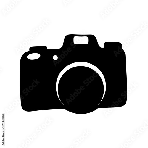 Black and white cartoon camera illustration of a digital single lens reflex
