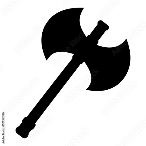Stylized black silhouette of a double headed battle axe on white background