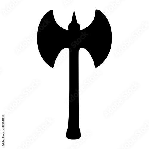 Black Silhouette of Double-Headed Battle Axe Icon, Simple black icon of a double-headed battle axe, symbolizing medieval weapons, combat, and historical warfare.
