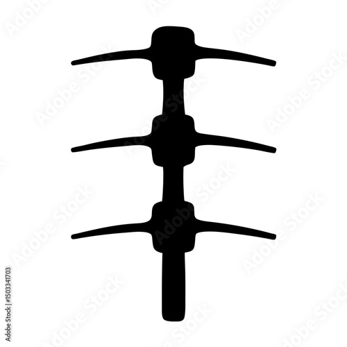 Abstract depiction of three mining tools stacked vertically in solid black silhouette