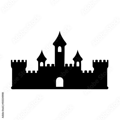Silhouette of a majestic medieval castle with towers and crenellations against white