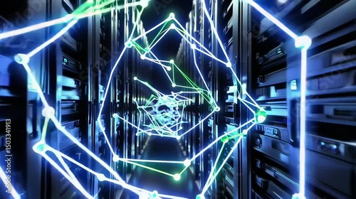 Futuristic Data Center Server Room Flythrough with Glowing AI Neural Network Visualization