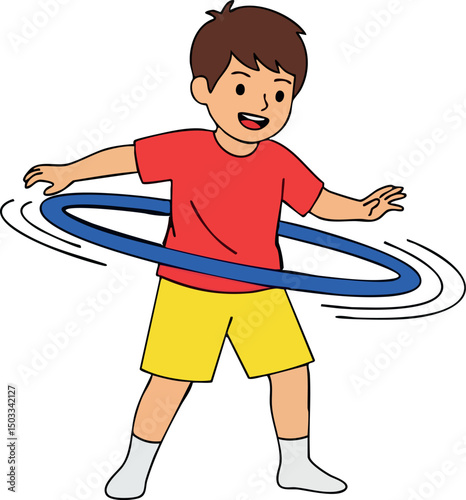 Boy playing with blue hula hoop in red shirt and yellow shorts vector illustration