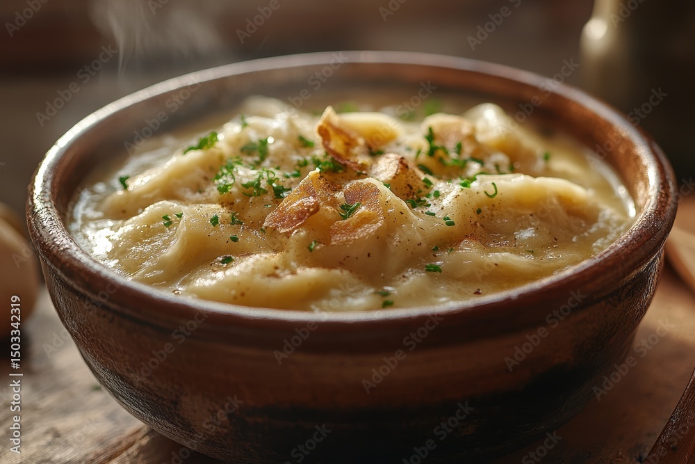 Creamy potato dumpling dish served in a rustic bowl, garnished with herbs and roasted garlic in a cozy kitchen setting during the evening Creamy potato dumpling dish served in a rustic bowl, garnished with herbs and roasted garlic in a cozy kitchen setting during the evening