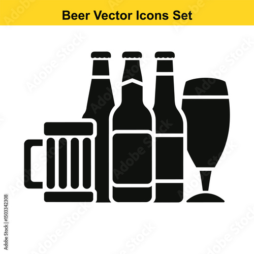 Beer and pub food icons set black glyph style