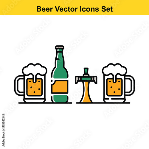 Beer vector icons set two beer mugs bottle tap