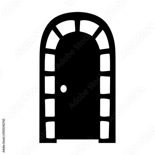 A solid black arched door with a uniquely designed frame symbol