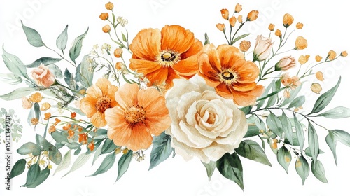Watercolor Floral Composition Orange and Cream Roses, Greenery, Botanical Illustration, Wedding Design Floral arrangement, watercolor painting