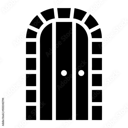 Black Silhouette of Arched Double Door Icon, Simple black icon of a closed double door with an arched frame, representing entryways and architectural design.
