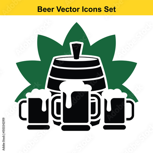 Beer barrel with three mugs icon vector illustration