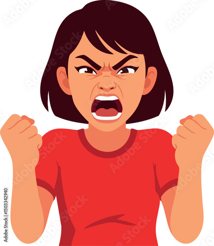 Angry young woman shouting with clenched fists in red shirt vector illustration