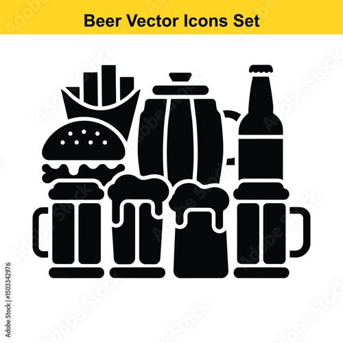 Beer and pub food icons set black glyph style