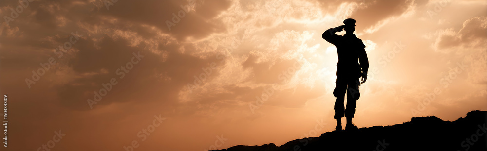 Silhouette of a Person Saluting at Sunset with Cloudy Sky Silhouette of a Person Saluting at Sunset with Cloudy Sky