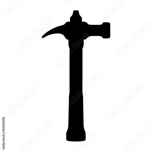 Silhouette of a Claw Hammer Tool, Black silhouette of a claw hammer with a curved claw and straight handle, isolated on a white background.
