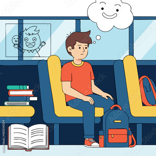 Boy sitting on yellow seat with backpack and thoughtful cloud inside public transport vector illustration