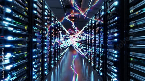 AI Neural Network Data Visualization Flying Through Futuristic Server Room with Glowing Digital Connections