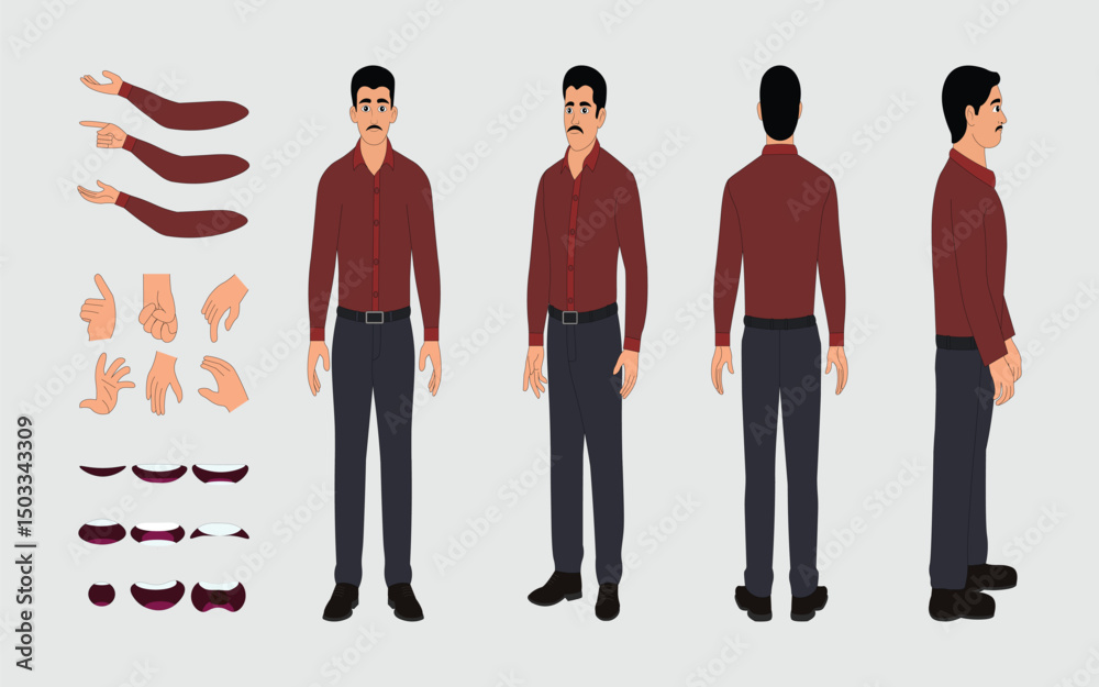Fototapeta premium Professional Male Character in Shirt and Trousers Turnaround Sheet for 2D Vector Animation, Front, Back And Side Views, Realistic 2D Character