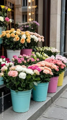 Wallpaper Mural Colorful flower pots arranged on steps outside a shop. The pots contain roses in various colors including yellow, pink, and white. A vibrant display of nature in an urban setting. Torontodigital.ca