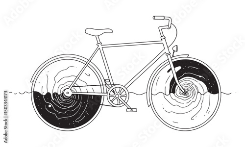 Surreal bicycle silhouette vector with galactic space-themed wheels and imaginative artistic cosmic concept