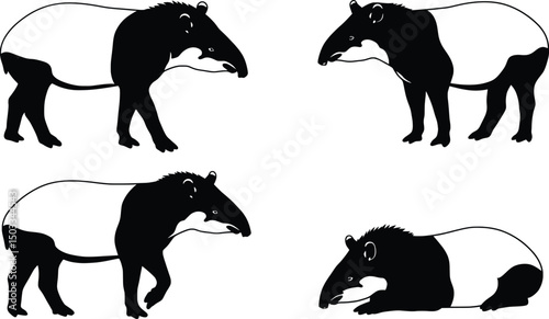 Elegant Tapir Silhouettes Vector Illustration Set