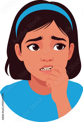 Worried girl biting nails with blue headband and shirt vector illustration portrait