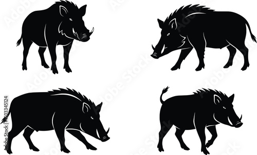 Wild Boar Silhouettes Vector Illustration Set
