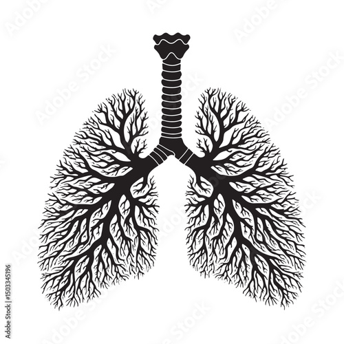 Abstract black and white illustration silhouette of human lungs with branching tree-like structures symbolizing breath and life